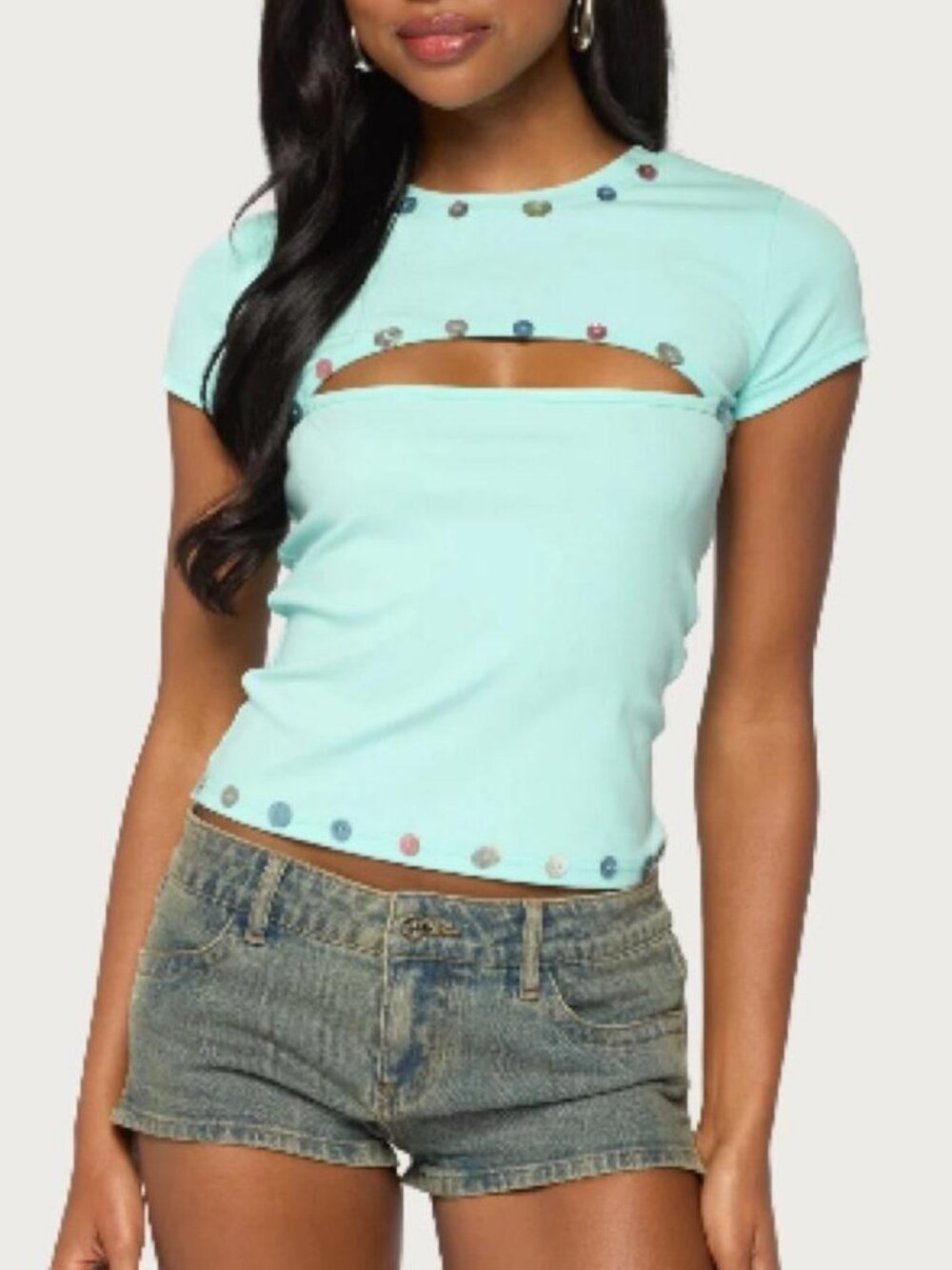 Edikted Suda Iridescent Button Cutout T Shirt M NWT